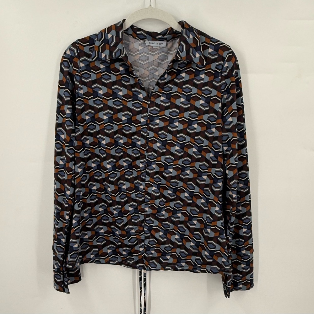 Floral And Ivy Womens Long Sleeve Jersey Knit Top Size Small Geometric Blue
